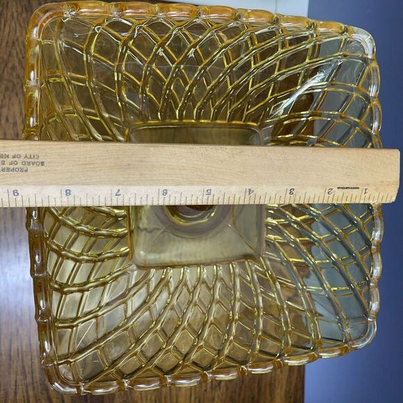 LE Smith Footed Trellis Square Compote Bowl Vase Weave Yellow Glass LARGE‎ 8.5"H - Picture 8 of 14